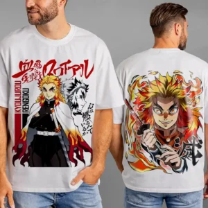 Oversized T-shirt Demon Slayer Teshirt Blanc Anime Manga Rengoku Japan Kimetu No Yaiba Fashion Tshirt
