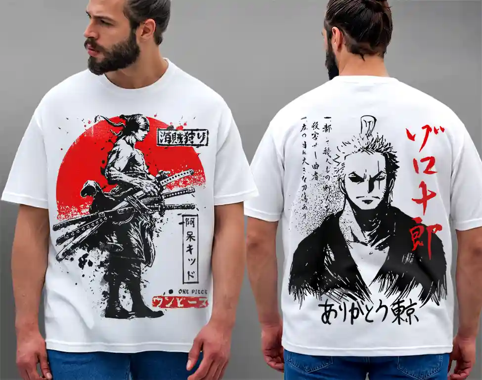 Oversized T-shirt One Piece Teshirt Blanc Anime Manga Japan Zoro Kanji Fashion Tshirt