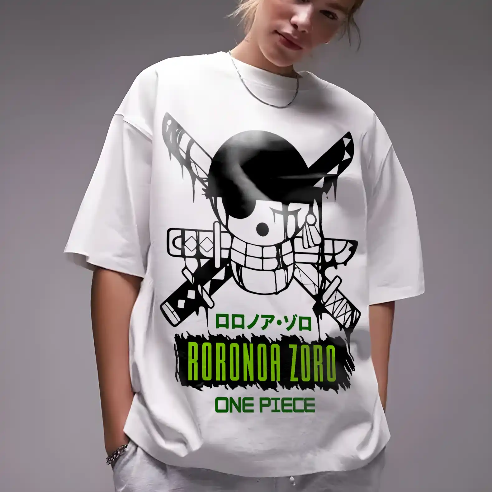 Oversized T-shirt One Piece Teshirt Blanc Anime Manga Japan Zoro Wanted Fashion Tshirt – Image 4