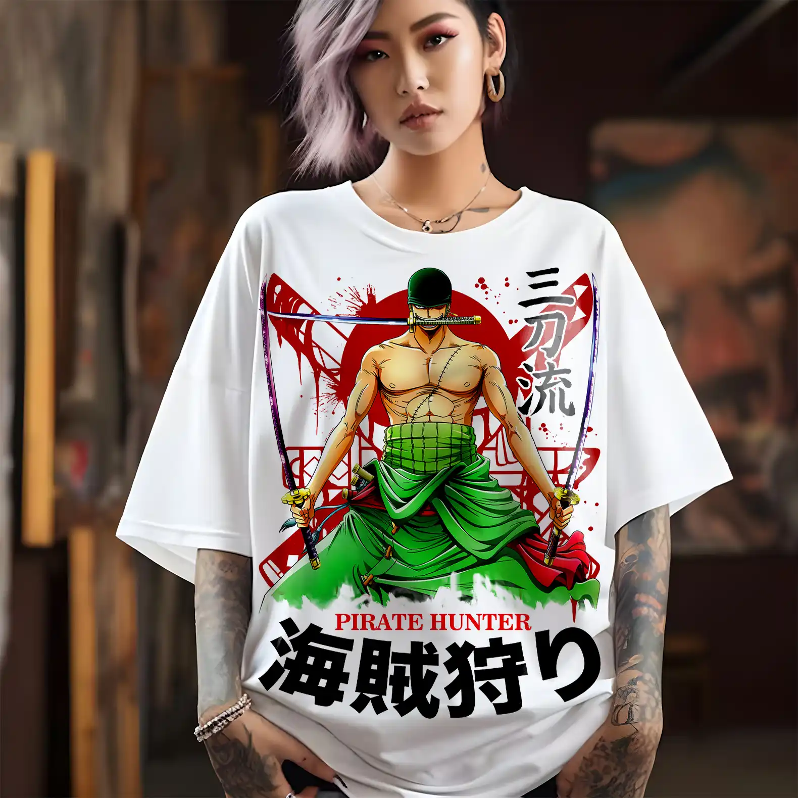 Oversized T-shirt One Piece Teshirt Blanc Anime Manga Japan Zoro Fashion Tshirt – Image 4