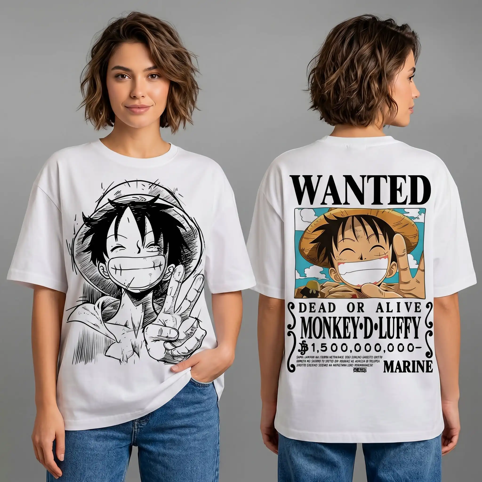 Oversized T-shirt One Piece Teshirt Blanc Anime Manga Japan Luffy Wanted Fashion Tshirt – Image 5