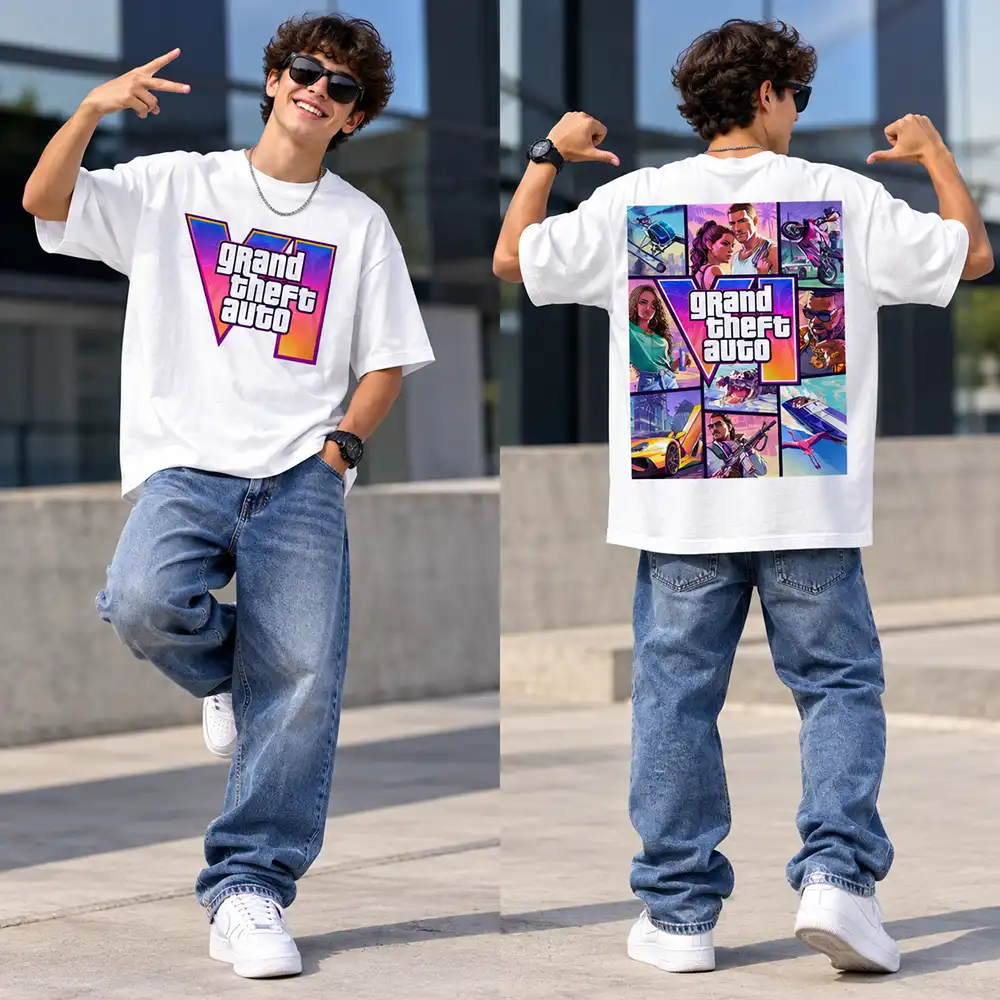 Oversize T-shirt Blanc Teshirt GTA 6 Mode Gaming Tshirt Jeux Video Homme & Femme – Image 2